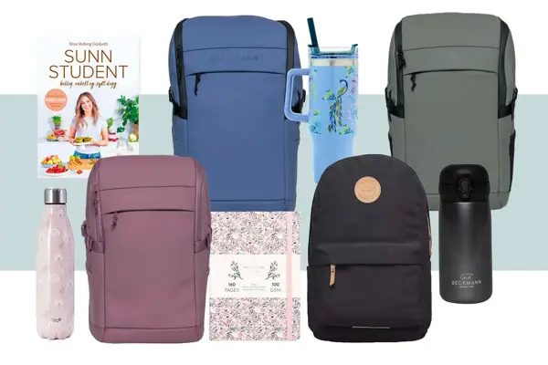 Sunn student bok, blå sekk, blå termokopp, grå sekk, rosa drikkeflaske, rosa sekk, notatbok, sort sekk, sort termos.