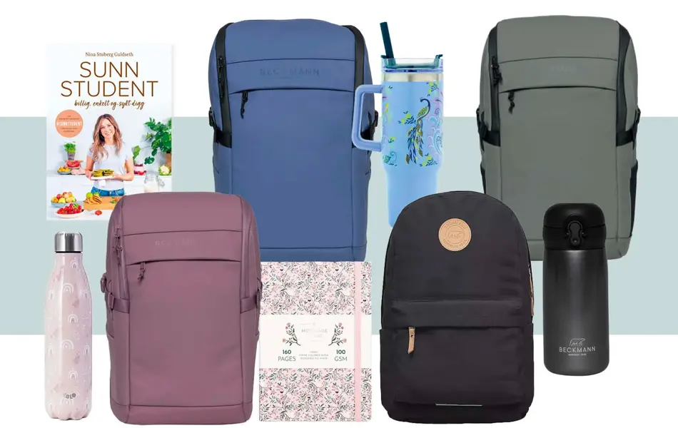 Sunn student bok, blå sekk, blå termokopp, grå sekk, rosa drikkeflaske, rosa sekk, notatbok, sort sekk, sort termos.