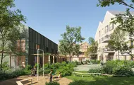 Bildet viser illustrasjon av boligprosjektet Oksenøya Bruk - et samarbeidsprosjekt mellom OBOS og Thon Eiendom