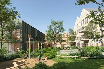 Bildet viser illustrasjon av boligprosjektet Oksenøya Bruk - et samarbeidsprosjekt mellom OBOS og Thon Eiendom