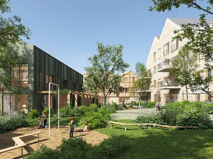 Bildet viser illustrasjon av boligprosjektet Oksenøya Bruk - et samarbeidsprosjekt mellom OBOS og Thon Eiendom