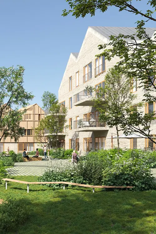 Bildet viser illustrasjon av boligprosjektet Oksenøya Bruk - et samarbeidsprosjekt mellom OBOS og Thon Eiendom