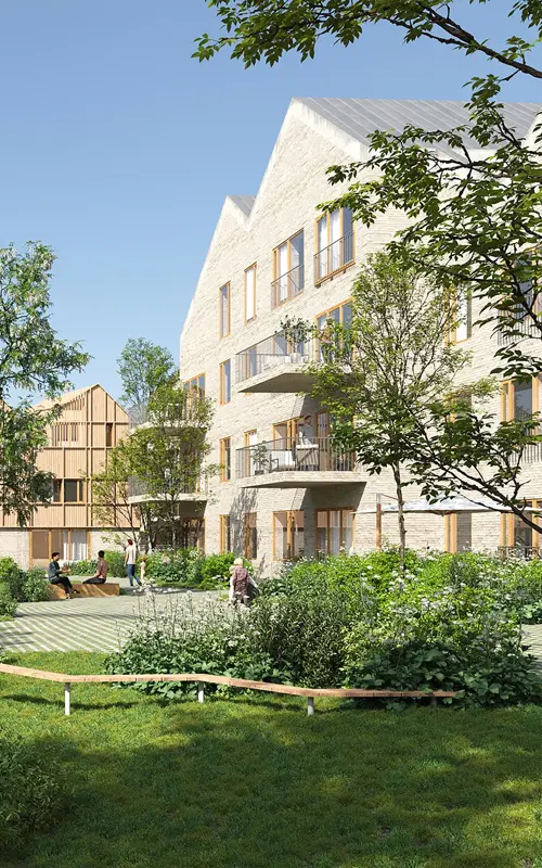 Bildet viser illustrasjon av boligprosjektet Oksenøya Bruk - et samarbeidsprosjekt mellom OBOS og Thon Eiendom