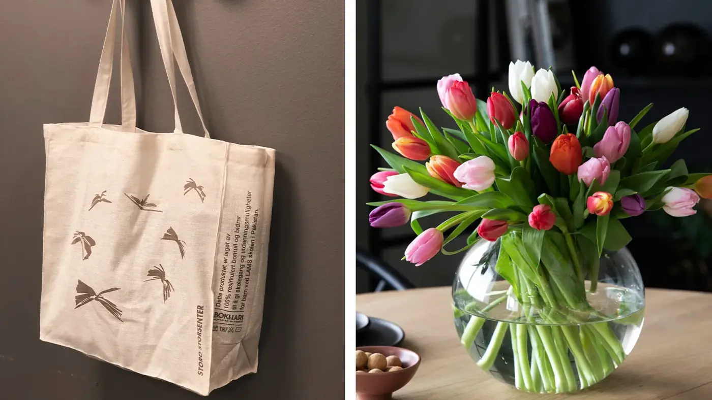Handlenett med logo av Storo Storsenter og vase med tulipaner