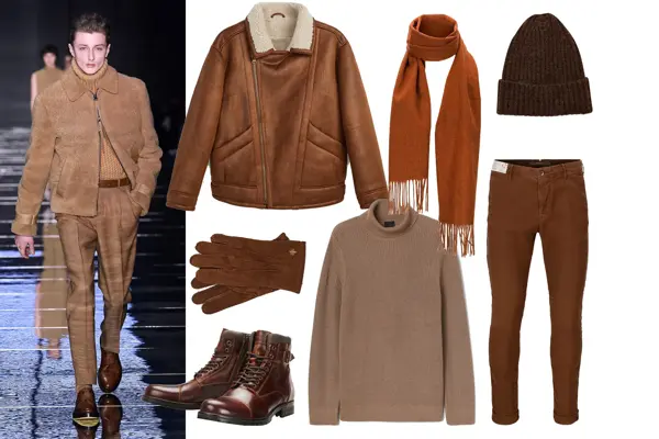 mann i beige/brunt antrekk, utvalg av brune overdeler, jakker, bukser og tilbehør