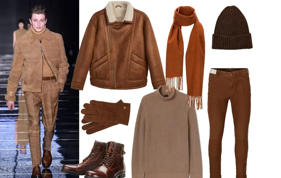 mann i beige/brunt antrekk, utvalg av brune overdeler, jakker, bukser og tilbehør