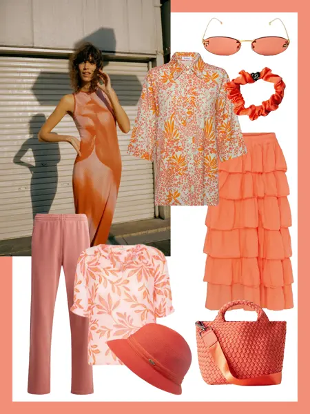 Kollasje med modellebilde av dame i batikkmønstret kjole og produktbilder av solbriller, hårstrikk, kaftan, skjørt, bukse, topp, hatt og veske i ferskenfargede toner.