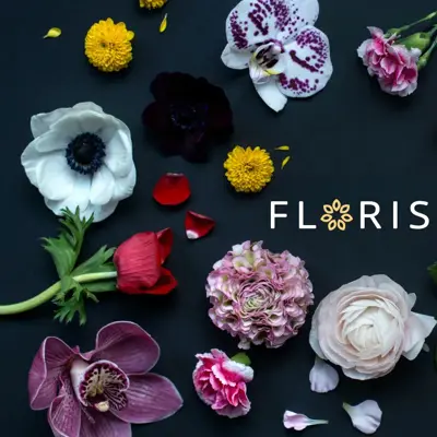 Mange forskjellige blomster som ligger utover rundt logoen til Floriss
