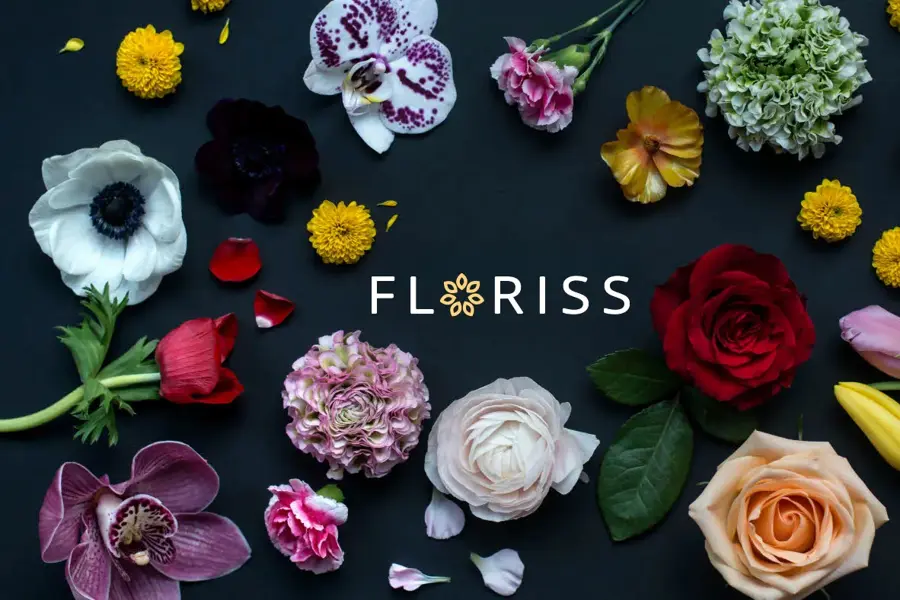 Mange forskjellige blomster som ligger utover rundt logoen til Floriss