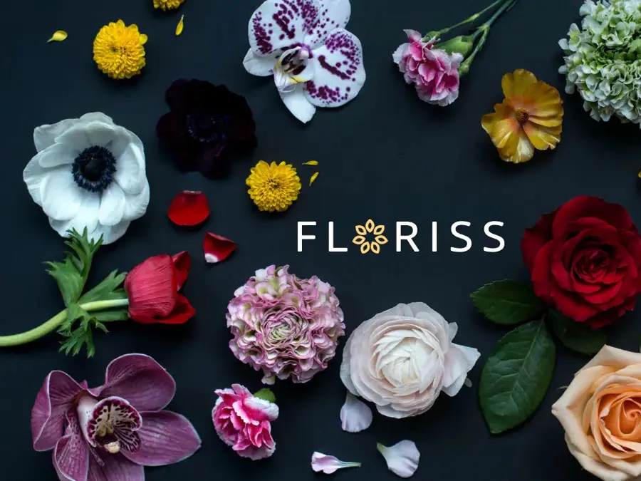 Mange forskjellige blomster som ligger utover rundt logoen til Floriss