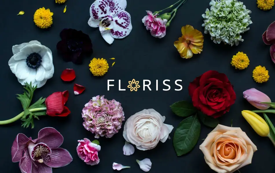 Mange forskjellige blomster som ligger utover rundt logoen til Floriss