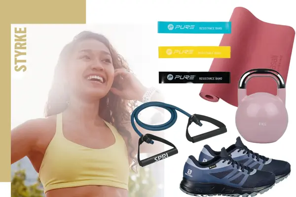 Collage, jente i treningstopp, treningsmatte, strikk, kettlebell og joggesko