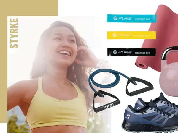 Collage, jente i treningstopp, treningsmatte, strikk, kettlebell og joggesko