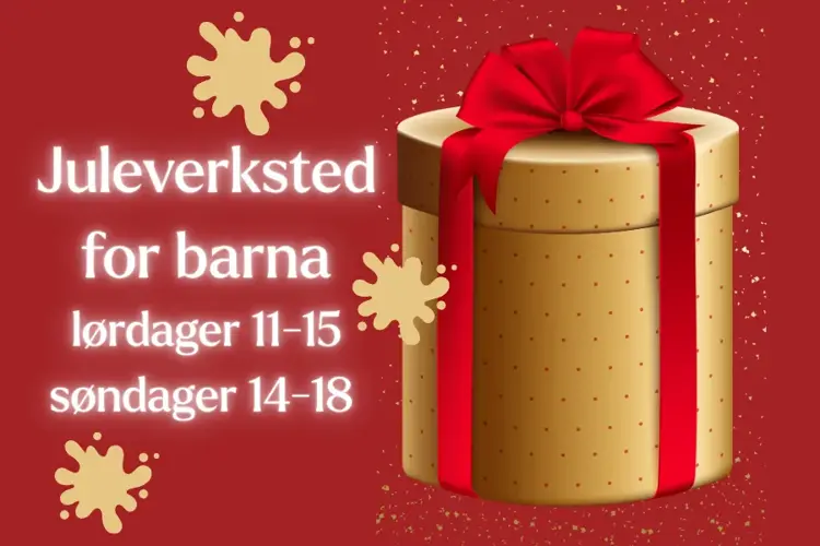 tekst med juleverksted for barna med en gaveeske