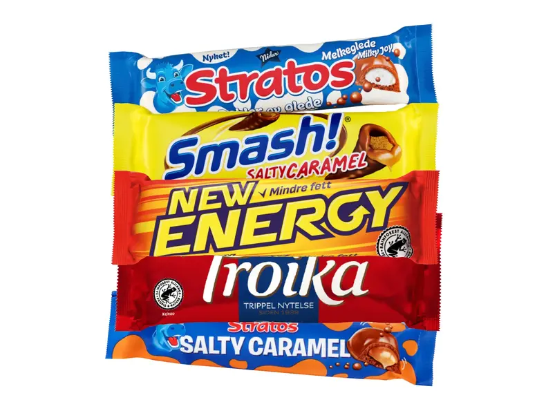 Nidar sjokoladeprodukter som Stratos, Smash!, New Energy og Troika