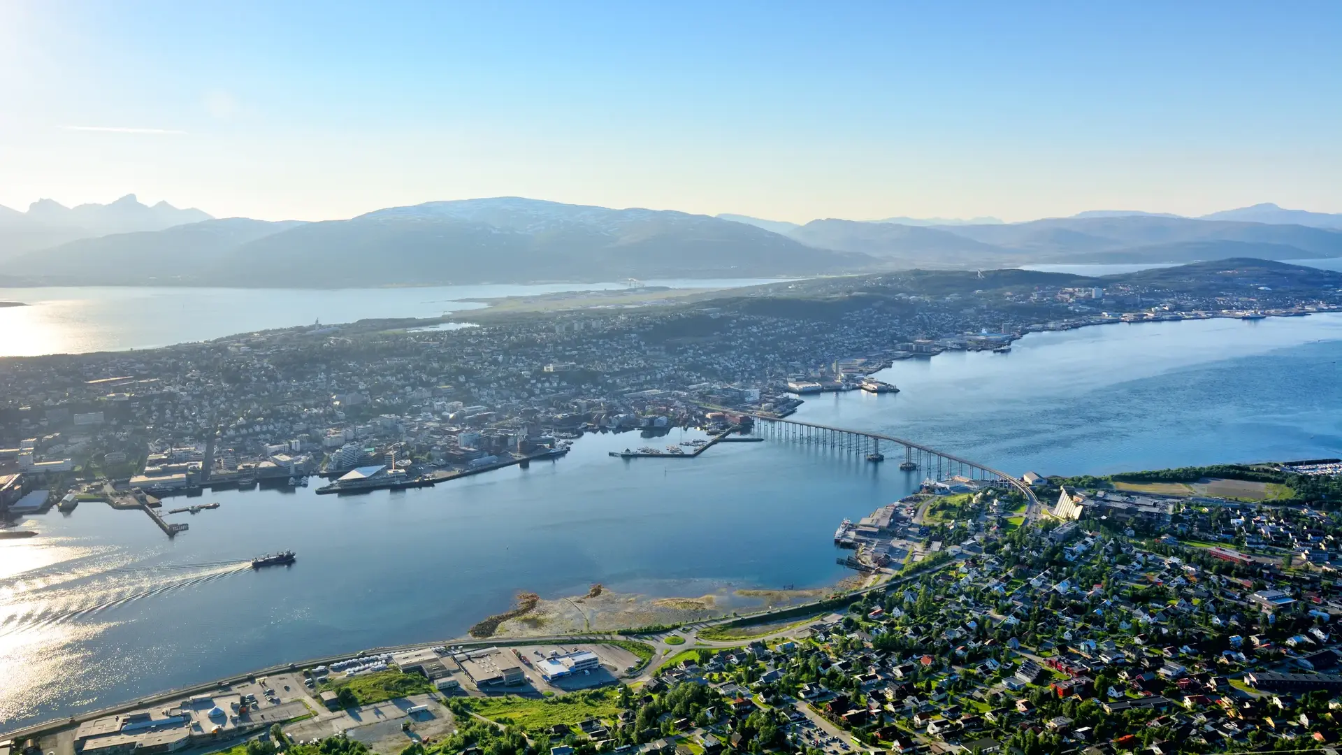 Aerial view of Tromso Bridge and the Arctic Cathedral, northern Norway