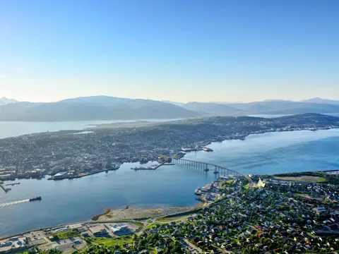 Aerial view of Tromso Bridge and the Arctic Cathedral, northern Norway