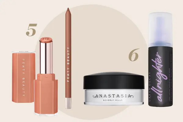 Produktfoto av leppepenn og leppestift og makeup settingspray.