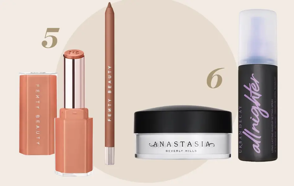 Produktfoto av leppepenn og leppestift og makeup settingspray.