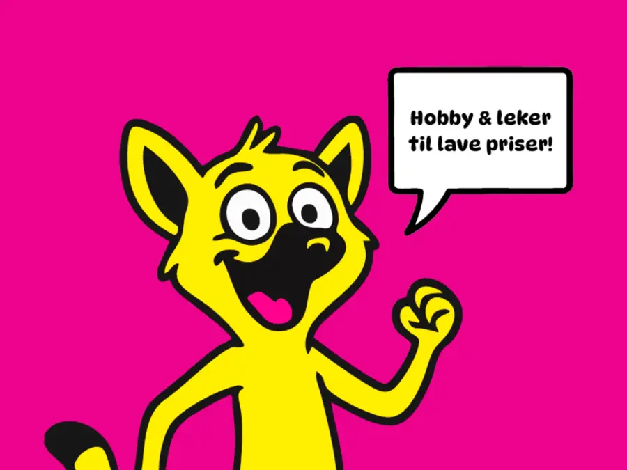 Bilde av Kids Outlet sin maskot som sier "Hobby & leker til lave priser!"