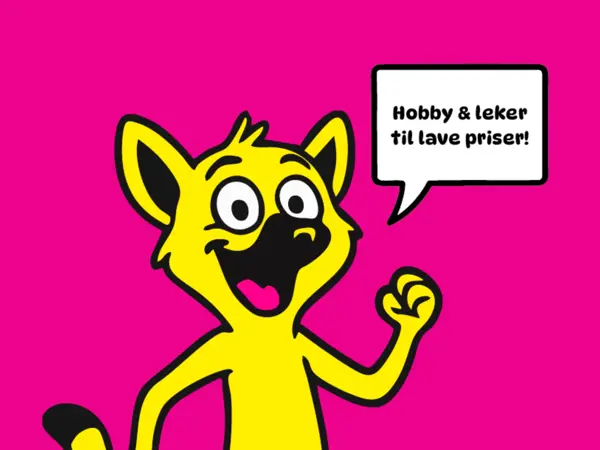 Bilde av Kids Outlet sin maskot som sier "Hobby & leker til lave priser!"