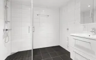 Tomt bad med hvit fliser på vegg og mørke fliser på gulv, dusjhjørne med glassvegger