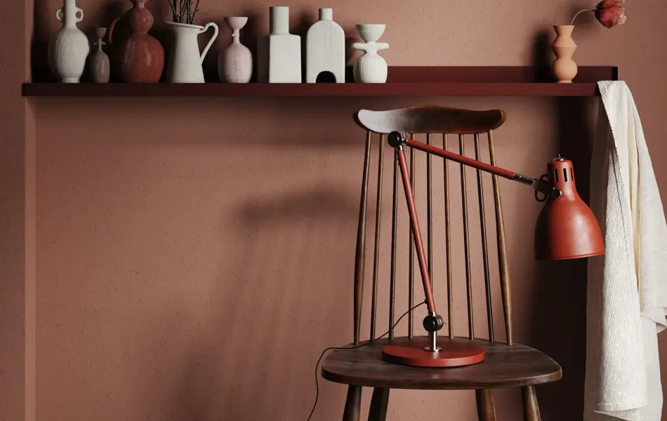Chair with lamp and vases on shelf close up in dark brown interior, 3d render