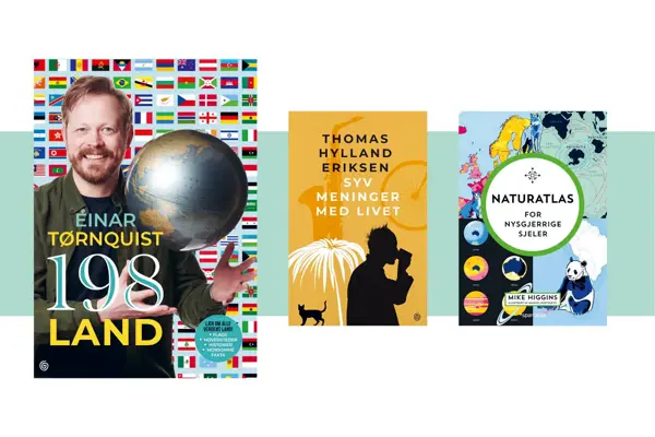 3 bokomslag, 198 land, syv meninger med livet og atlas