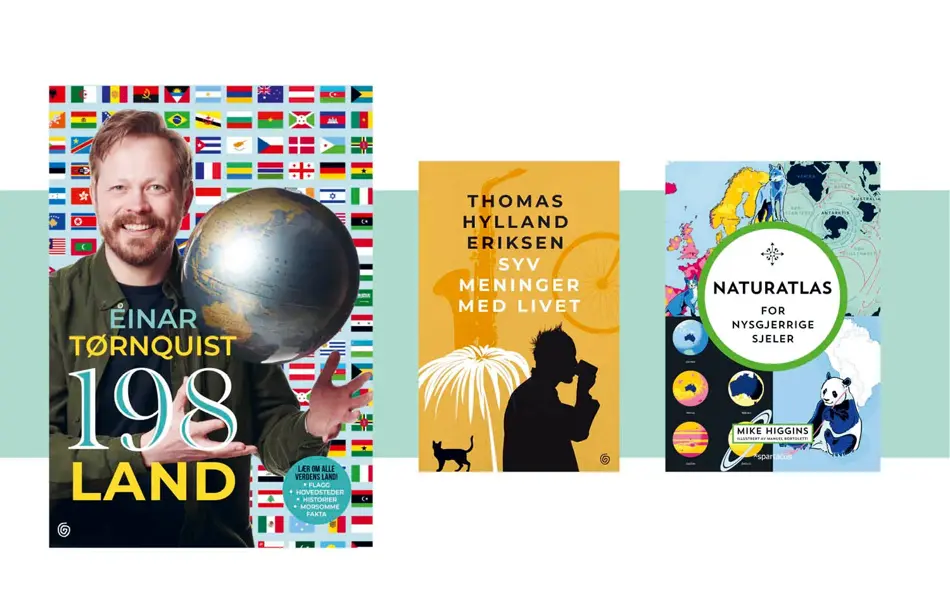 3 bokomslag, 198 land, syv meninger med livet og atlas