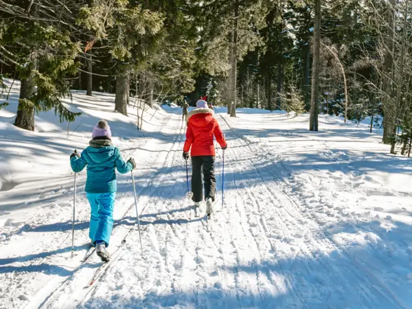 little girl behind sister in snowy winter landscape of giant mountains on cross-country-ski