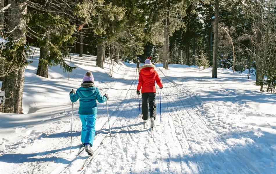 little girl behind sister in snowy winter landscape of giant mountains on cross-country-ski