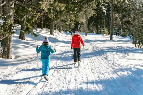 little girl behind sister in snowy winter landscape of giant mountains on cross-country-ski