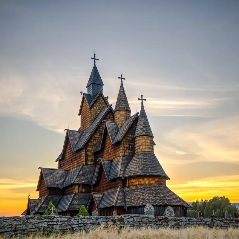The colossal Heddal stave church looked more astounding as the sun sets on a fine afternoon in Notodden, Norway. The Heddal stave church is the largest and most beautiful stave church in Norway. This triple nave stave church was built in the 1200's and has been restored multiple times.