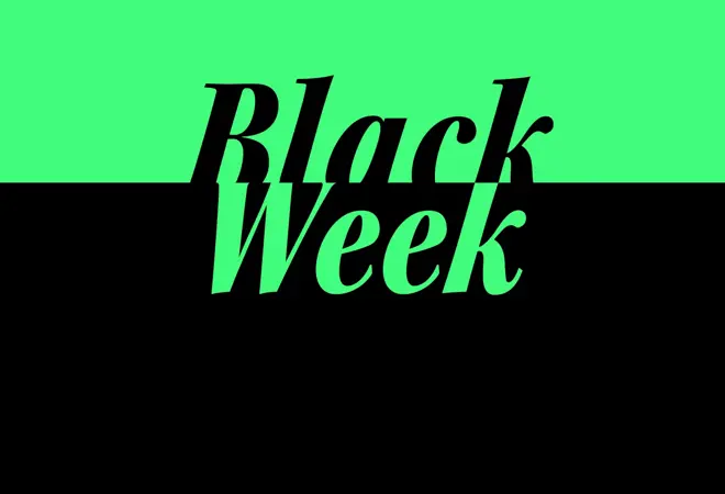 Grafisk bilde med svart og grønn bakgrunn med teksten "Black Week"