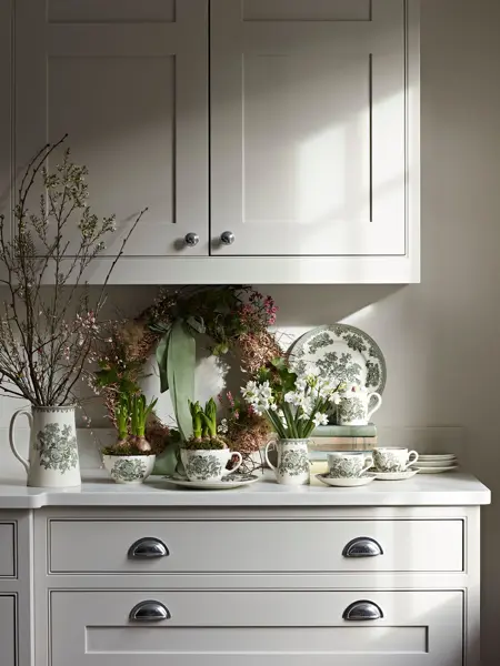 Kjøkkenbenk med servise med løkplanter i 