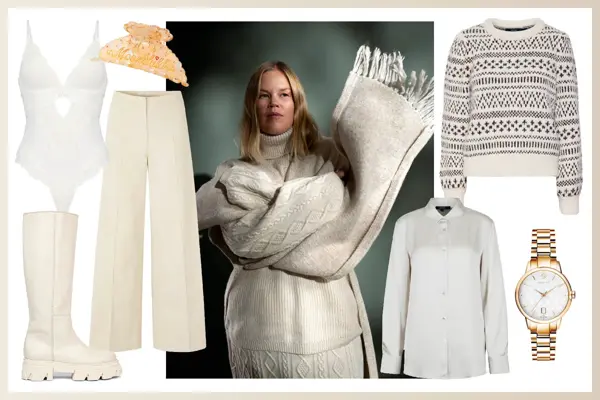 Hvit body, hårklype, hvit bukse, hvite høye støvler, dame i hvit strikkegenser og hvitt stort skjerf, hvitmønstret genser, lysegrå skjorte, gullklokke