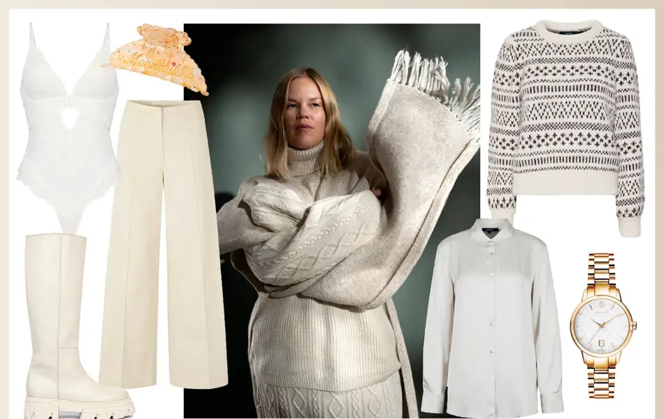Hvit body, hårklype, hvit bukse, hvite høye støvler, dame i hvit strikkegenser og hvitt stort skjerf, hvitmønstret genser, lysegrå skjorte, gullklokke