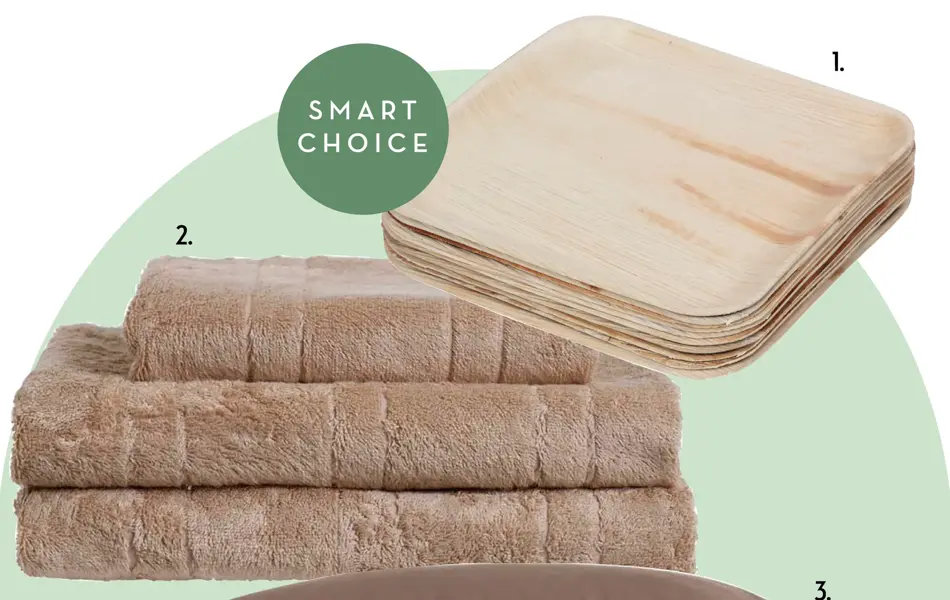 collage som viser brunt sengesett, beige håndklær og tretallerkener