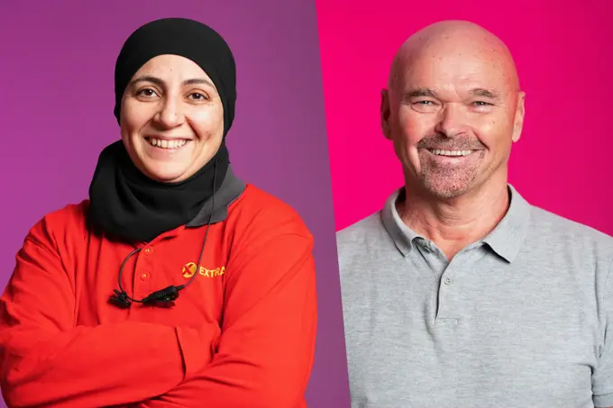 Kollasj av to personer som smiler til kamera