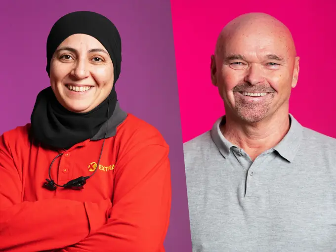 Kollasj av to personer som smiler til kamera