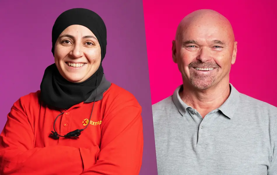 Kollasj av to personer som smiler til kamera