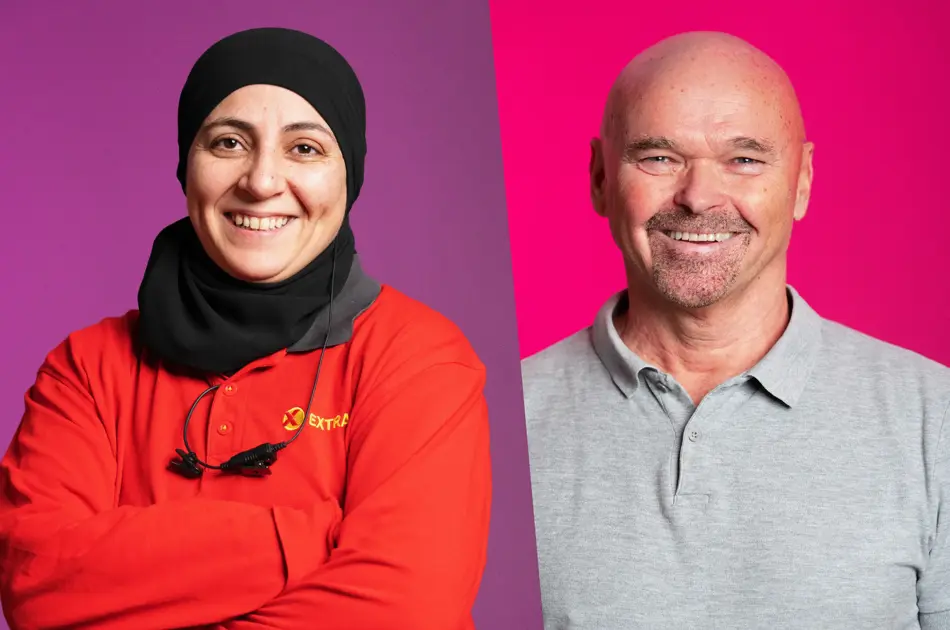 Kollasj av to personer som smiler til kamera