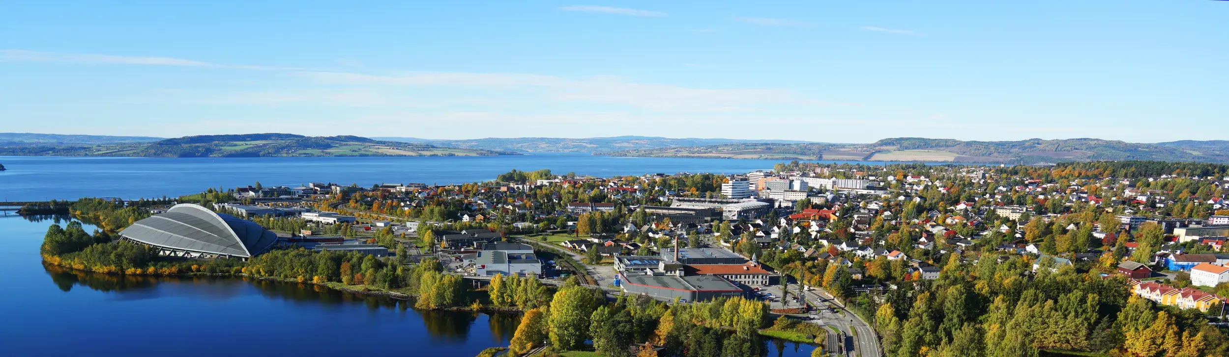 Drone photo showing Hamar, Vikingeskipet and Mjøsa
