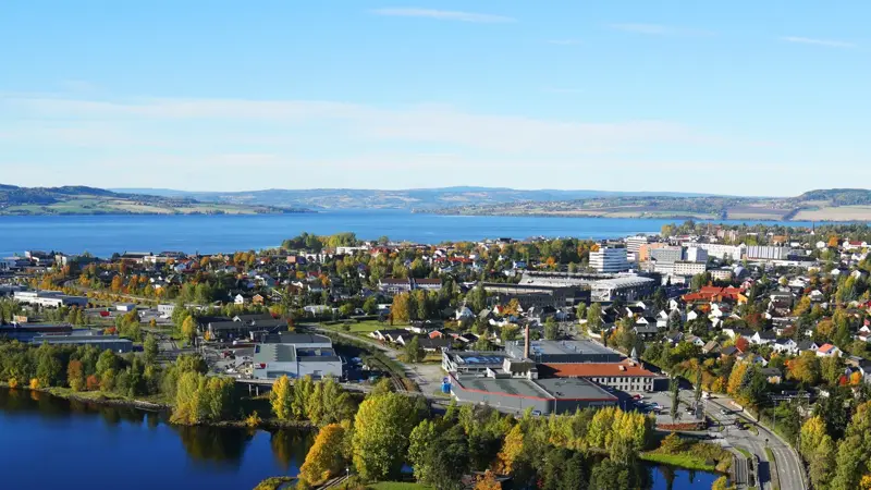 Drone photo showing Hamar, Vikingeskipet and Mjøsa