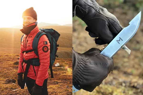 Mann på fjellet med Lars Monsen-klær og kniv