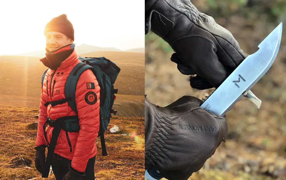 Mann på fjellet med Lars Monsen-klær og kniv