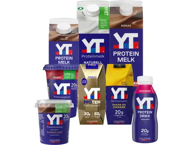 Utvalg av YT proteinmelk, yoghurt og drikker