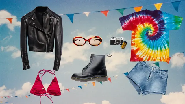 Sky background with colorful flag bunting to celebrate an event. Colorful flags in rainbow colors hanging across the blue sky with clouds. Conceptual image for happiness, hope, and summer celebration, or sale promotion.