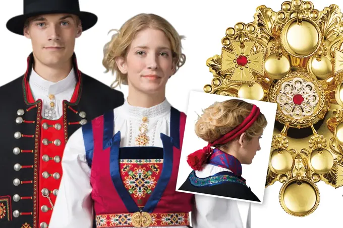 Samlebilde med dame og mann i Fanabilde, hårbånd på dame og sølje