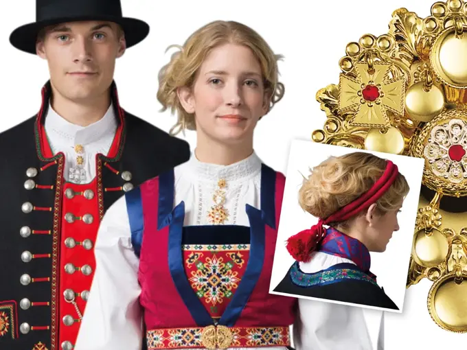 Samlebilde med dame og mann i Fanabilde, hårbånd på dame og sølje